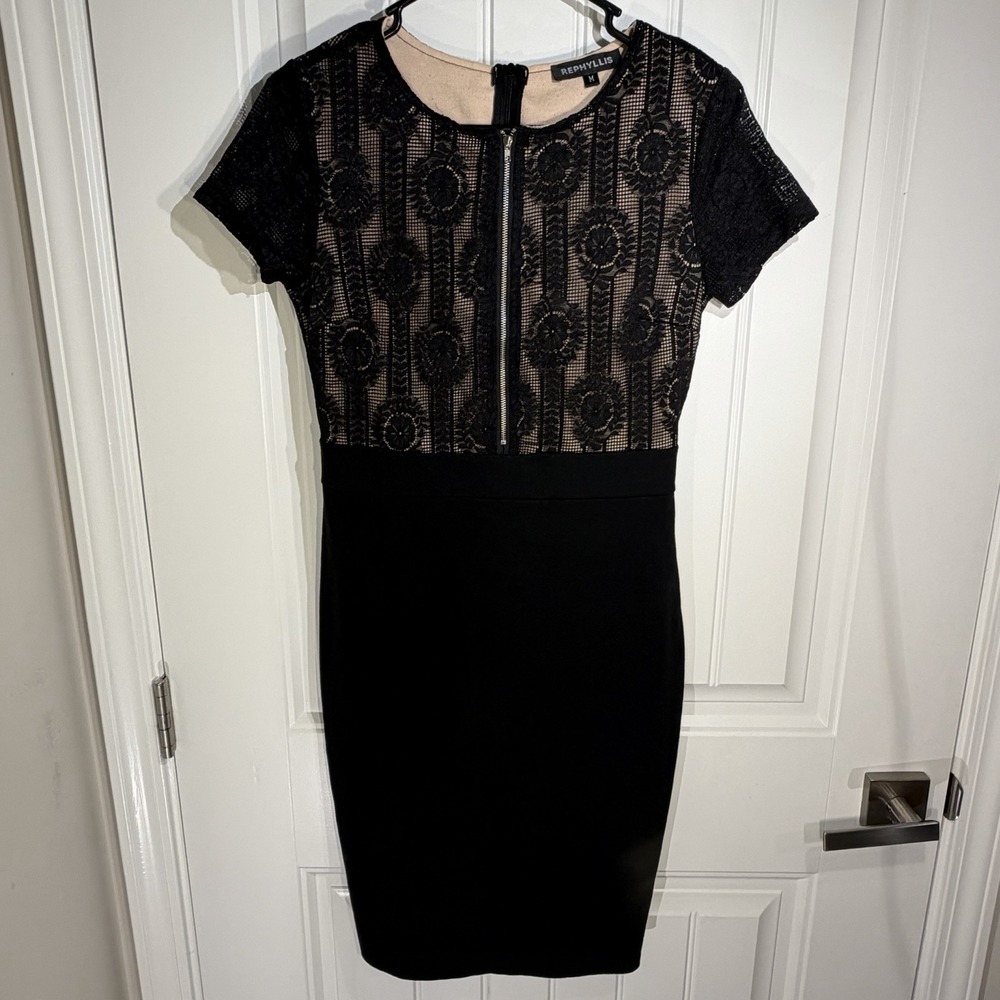Rephyllis Black Nude Lace Overlay‎ Sheath Dress Back Zip Size M